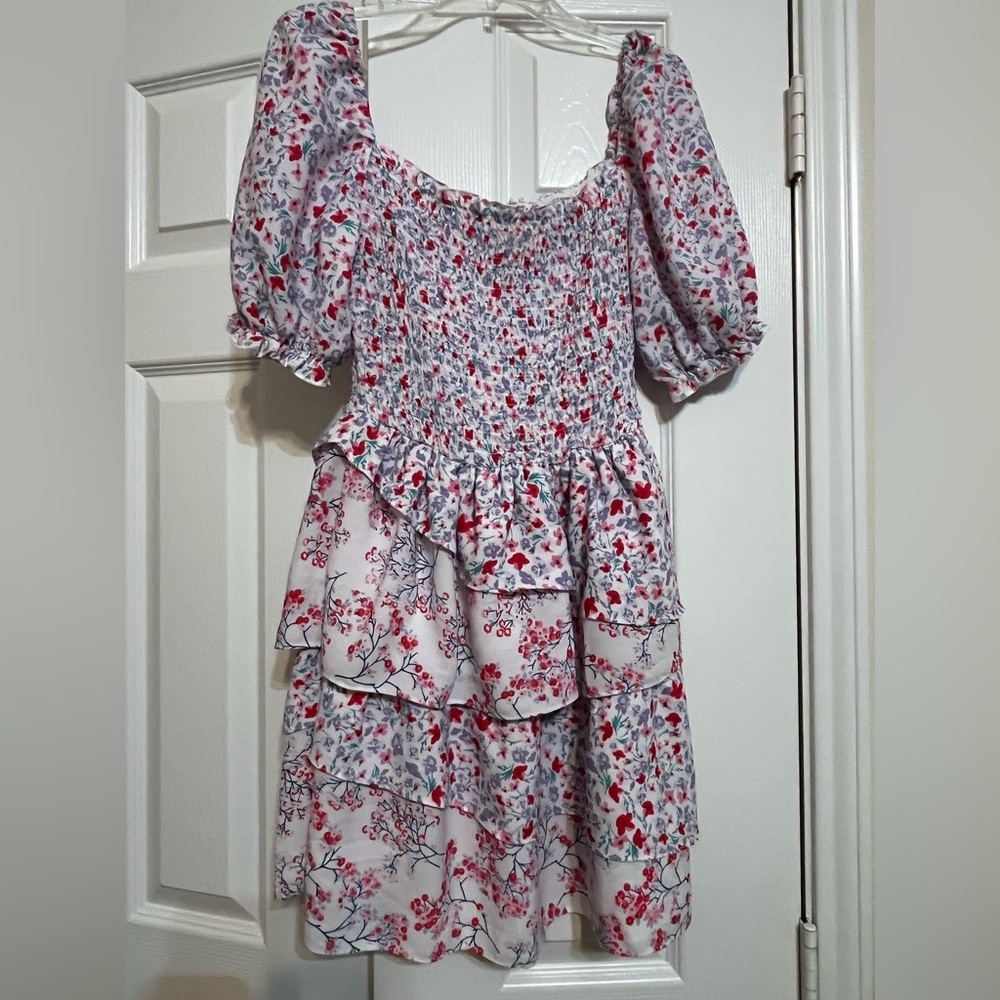 Chic Floral Ruffle Dress - White Red and Pink Floral Pattern
